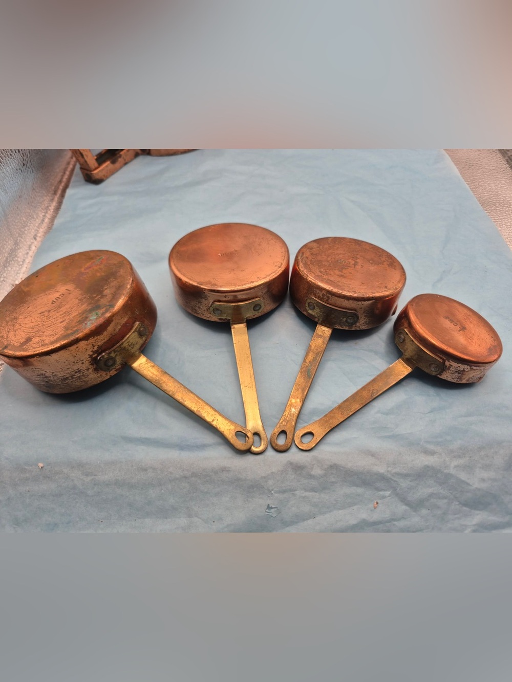 Vintage Copper Measuring Cup Set - 4 stacking Metal cups 1/4, 1/2, 3/4, & 1 Cup